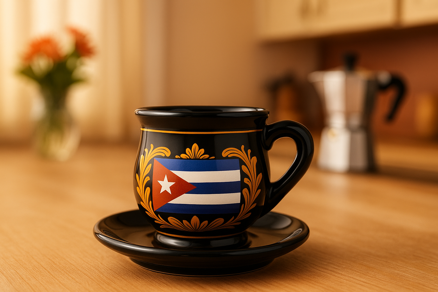 Set de 4 Tazas Espresso Premium – Diseño Moderno para Amantes del Café y Baristas.Cerámica Negra – Estilo Tinajón con Hojas Doradas y Bandera Cubana – 90 ml para Café Cortado o Cubano.