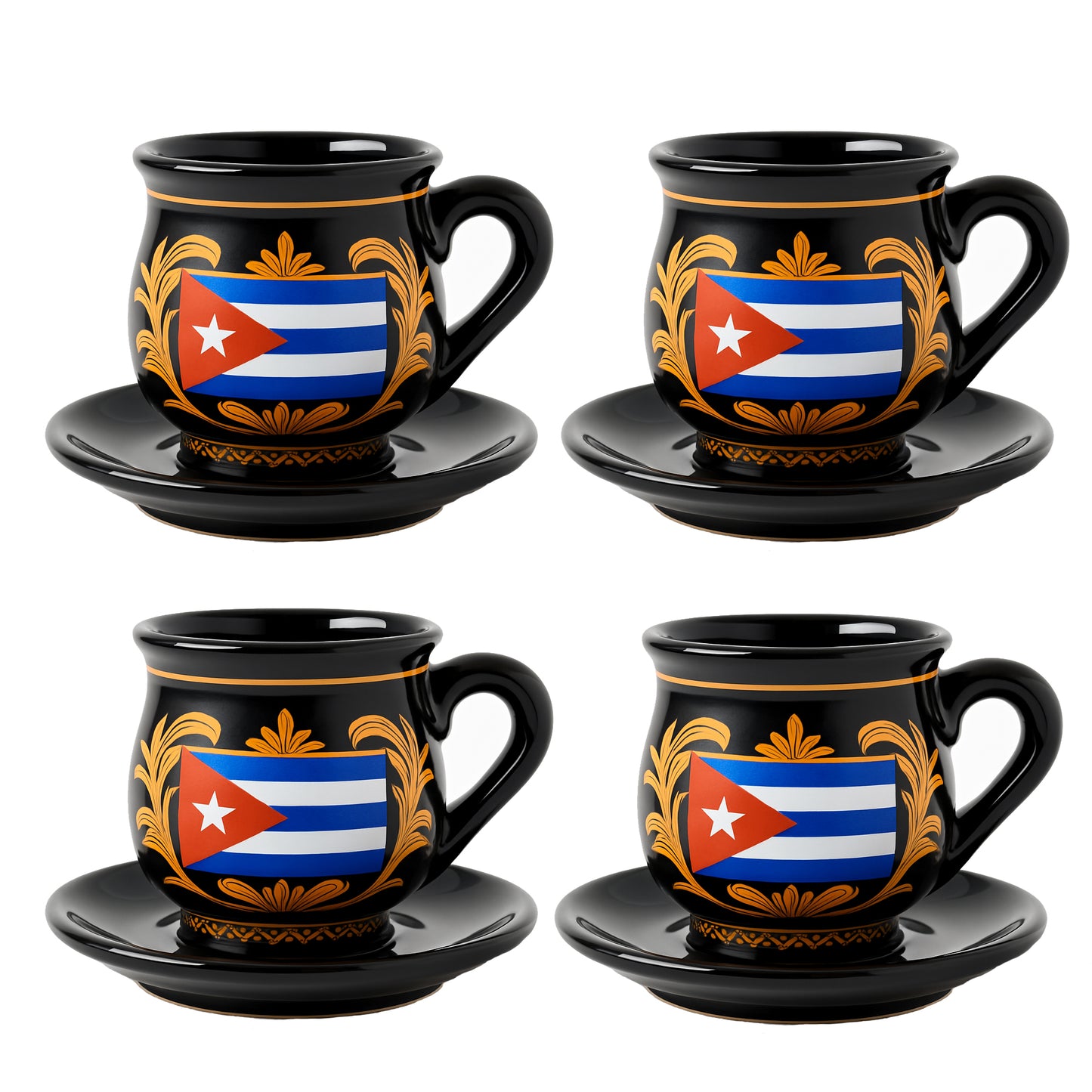 Set de 4 Tazas Espresso Premium – Diseño Moderno para Amantes del Café y Baristas.Cerámica Negra – Estilo Tinajón con Hojas Doradas y Bandera Cubana – 90 ml para Café Cortado o Cubano.