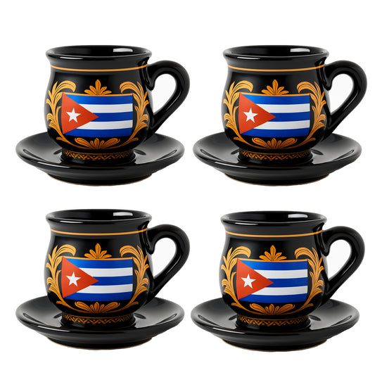 Set de 4 Tazas Espresso Premium – Diseño Moderno para Amantes del Café y Baristas.Cerámica Negra – Estilo Tinajón con Hojas Doradas y Bandera Cubana – 90 ml para Café Cortado o Cubano.